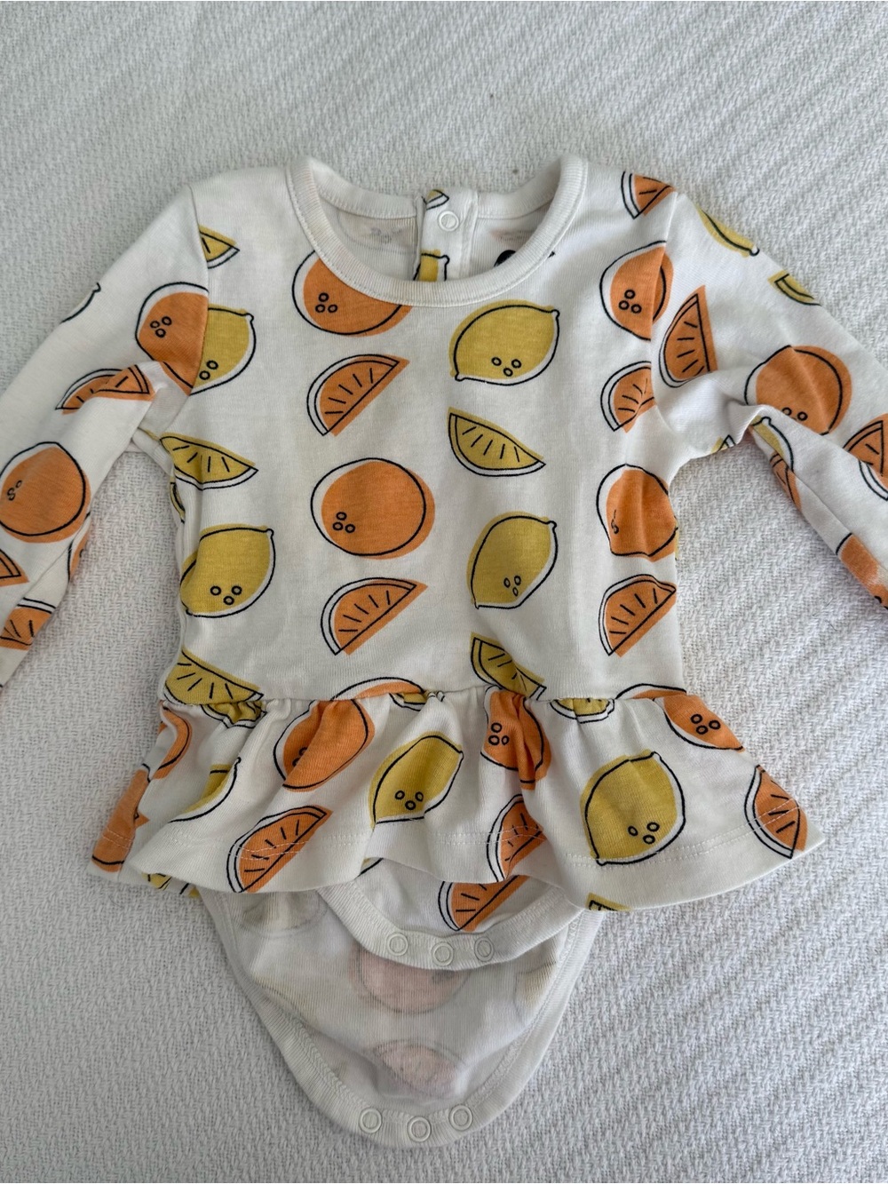 Baby Peplum Bodysuit in White with Orange & Yellow Citrus Print